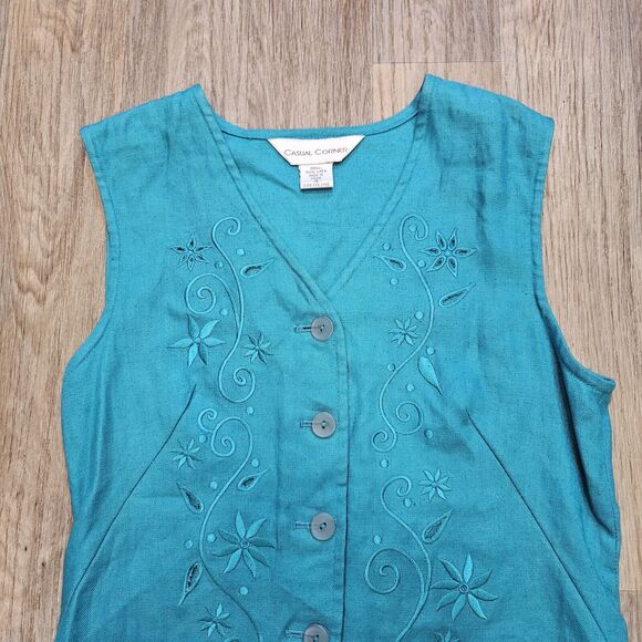Vtg Casual Corner Linen Vest Women 4 Blue Embroidered Floral Boho Eyelet Cottage - Picture 2 of 8